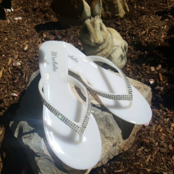 MARBELLA ♡ Gorgeous White Embellished Bling of Rhinestones Jelly Thong Sandals 6 - Picture 4 of 17